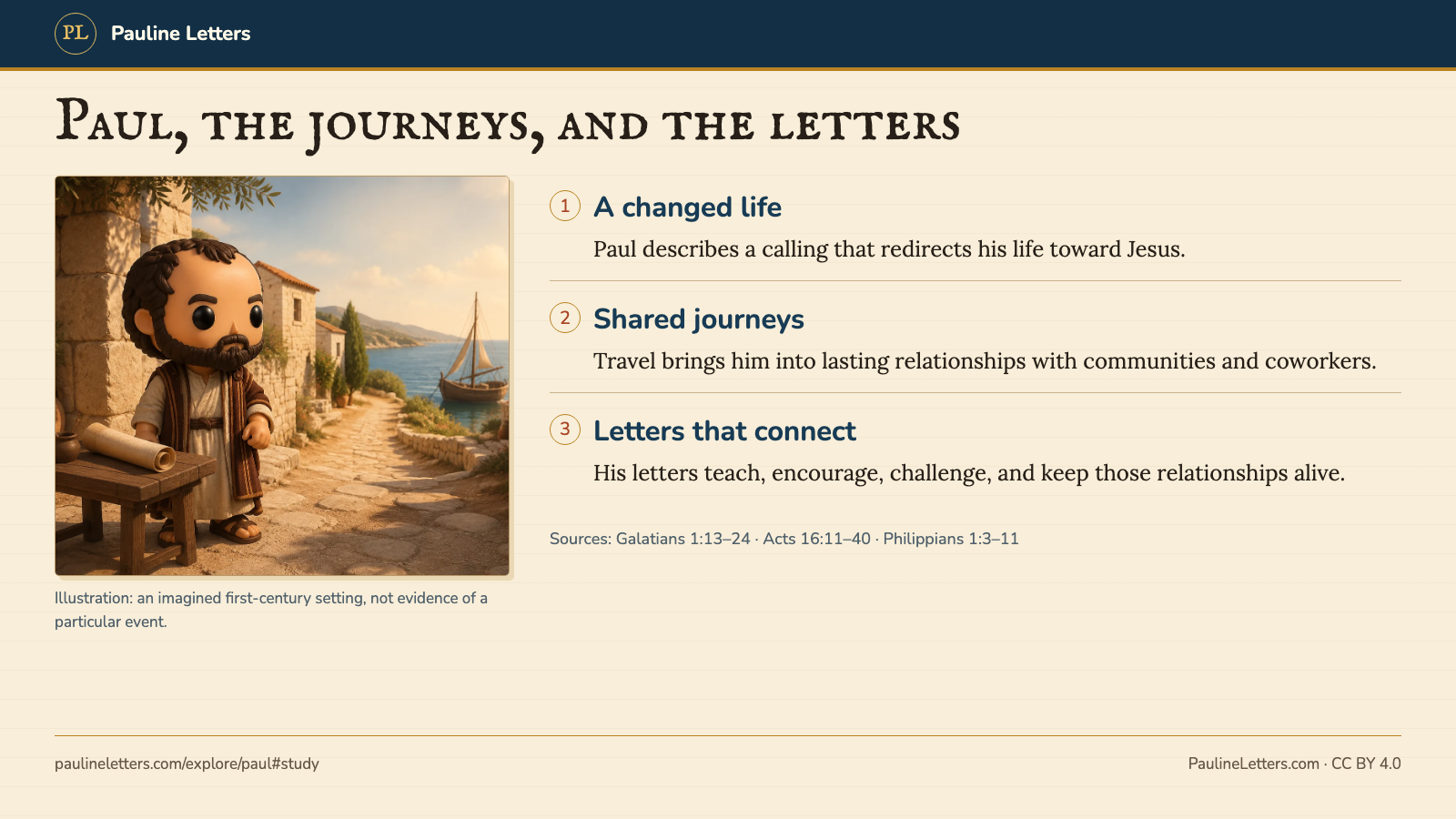 A tabletop-style illustration of Paul beside a scroll and harbor, paired with three connections: a changed life, communities across the Mediterranean, and letters that sustain relationships.