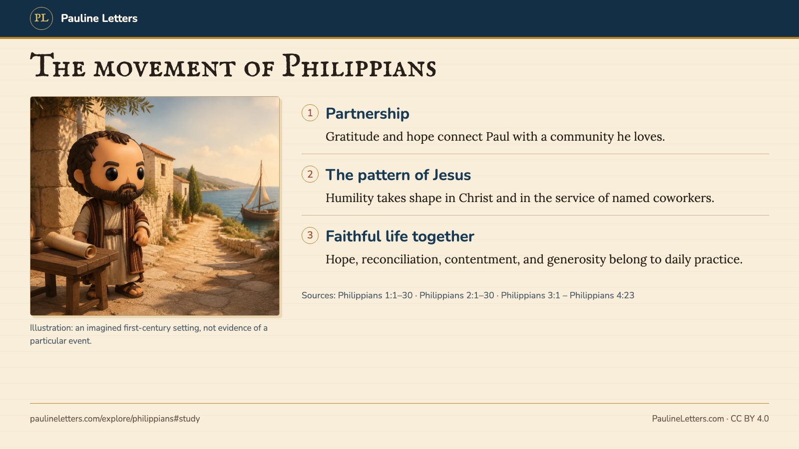 Three-part reading diagram for Philippians: partnership in chapter 1, the pattern of Jesus in chapter 2, and faithful life together in chapters 3 and 4, beside an illustration of Paul.