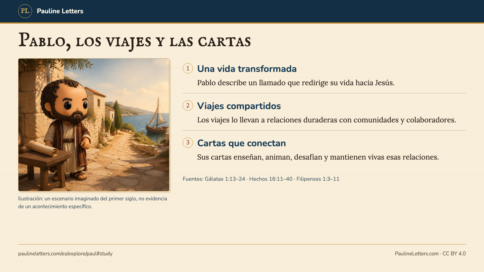 Ilustración de una escena en miniatura que muestra a Pablo junto a un rollo y un puerto, acompañada de tres conexiones: una vida transformada, comunidades alrededor del Mediterráneo y cartas que sostienen las relaciones.