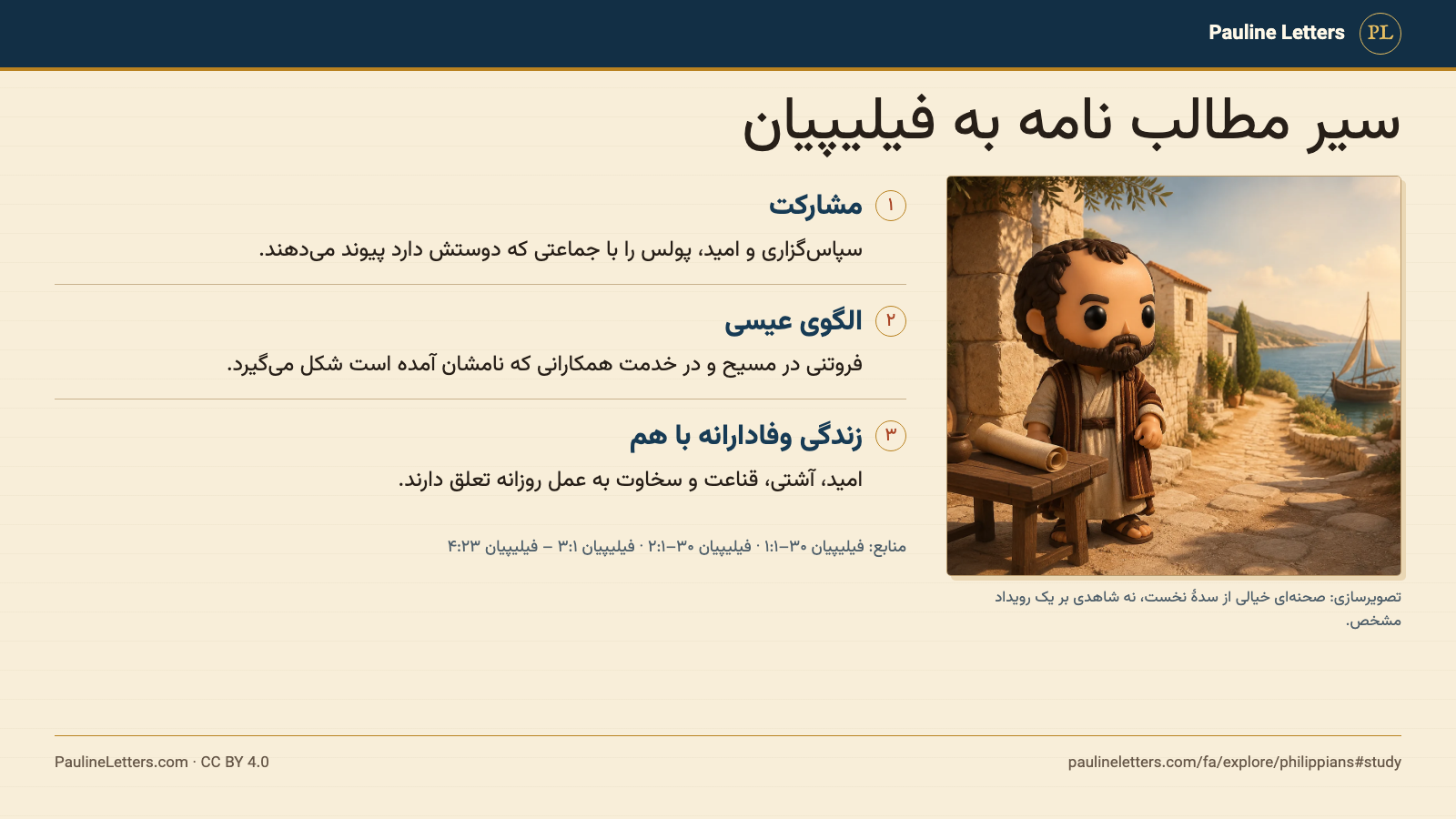 نمودار خواندن سهبخشی برای نامه به فیلیپیان: مشارکت در فصل ۱، الگوی عیسی در فصل ۲ و زندگی وفادارانه با هم در فصلهای ۳ و ۴، در کنار تصویرسازی پولس.