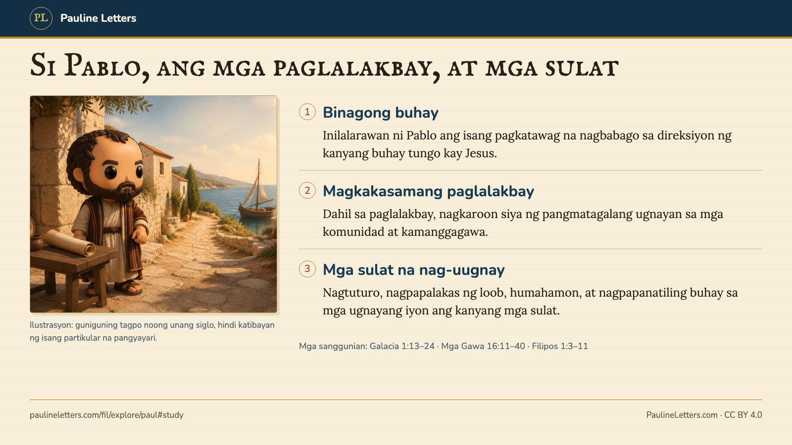 Isang larawang parang tabletop ni Pablo sa tabi ng isang balumbon at daungan, kasama ang tatlong ugnayan: binagong buhay, mga komunidad sa paligid ng Dagat Mediteraneo, at mga sulat na nagpapatibay ng mga ugnayan.
