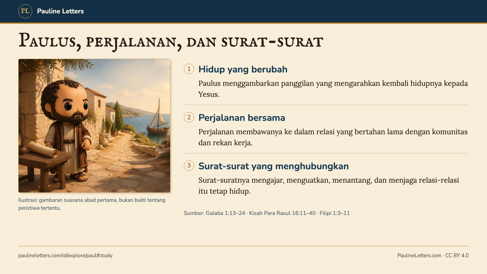 Ilustrasi bergaya meja permainan yang menampilkan Paulus di samping gulungan tulisan dan pelabuhan, dengan tiga hubungan: hidup yang berubah, komunitas-komunitas di sekitar Mediterania, dan surat-surat yang memelihara relasi.