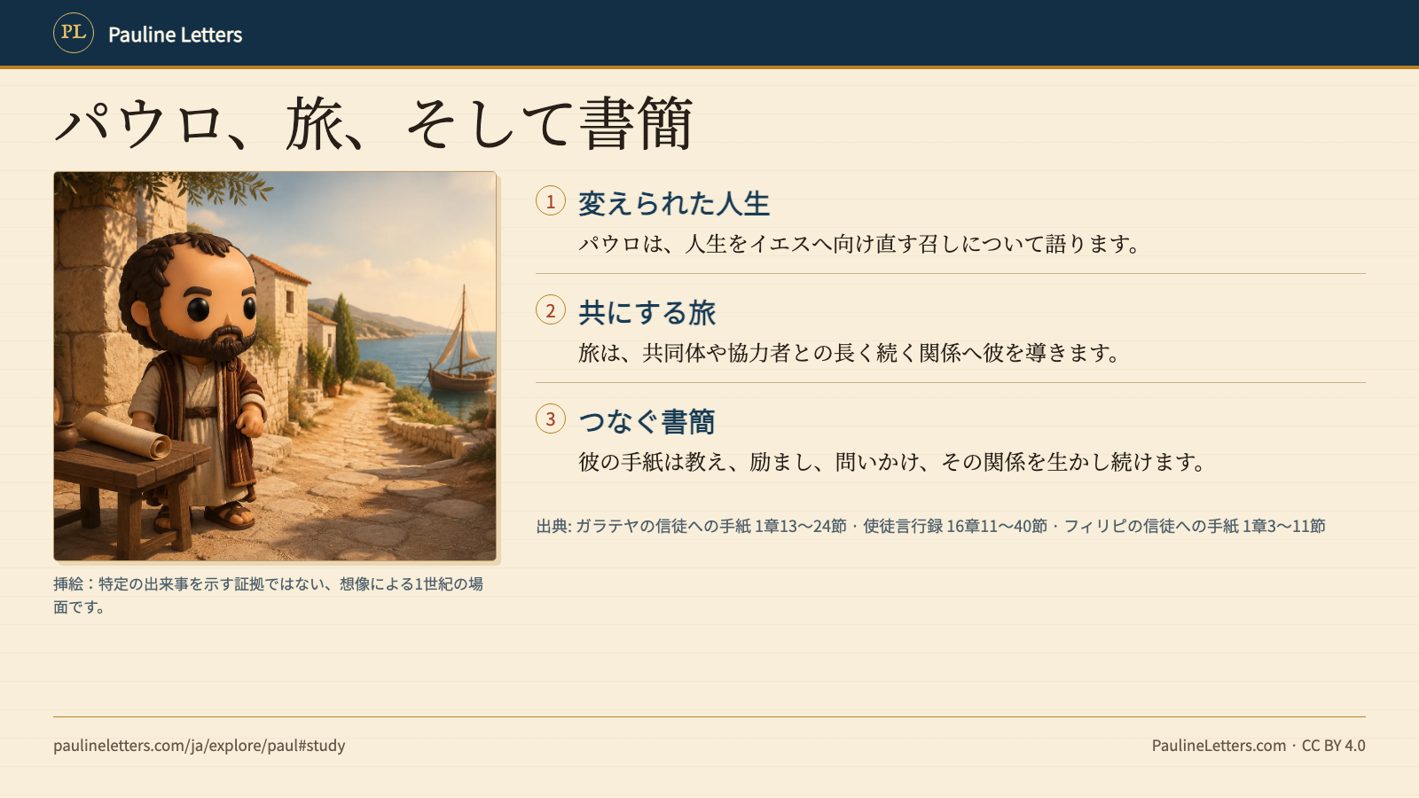 巻物と港のそばにいるパウロを描いた卓上風の挿絵。変えられた人生、地中海各地の共同体、関係を支える書簡という三つのつながりが添えられている。