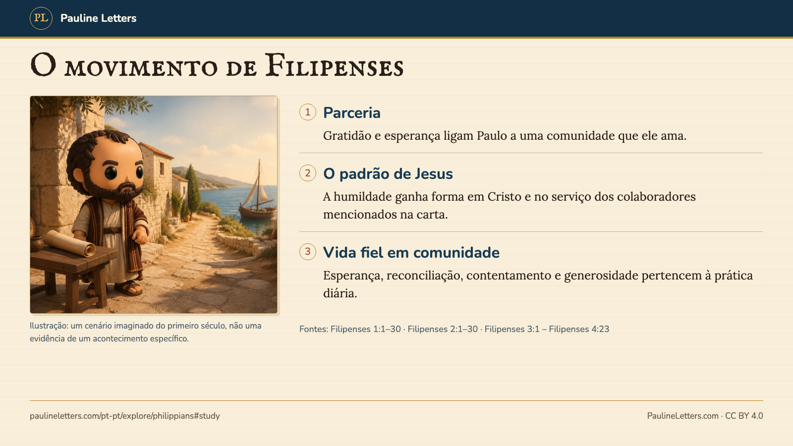 Diagrama de leitura em três partes para Filipenses: parceria no capítulo 1, o padrão de Jesus no capítulo 2 e vida fiel em comunidade nos capítulos 3 e 4, ao lado de uma ilustração de Paulo.