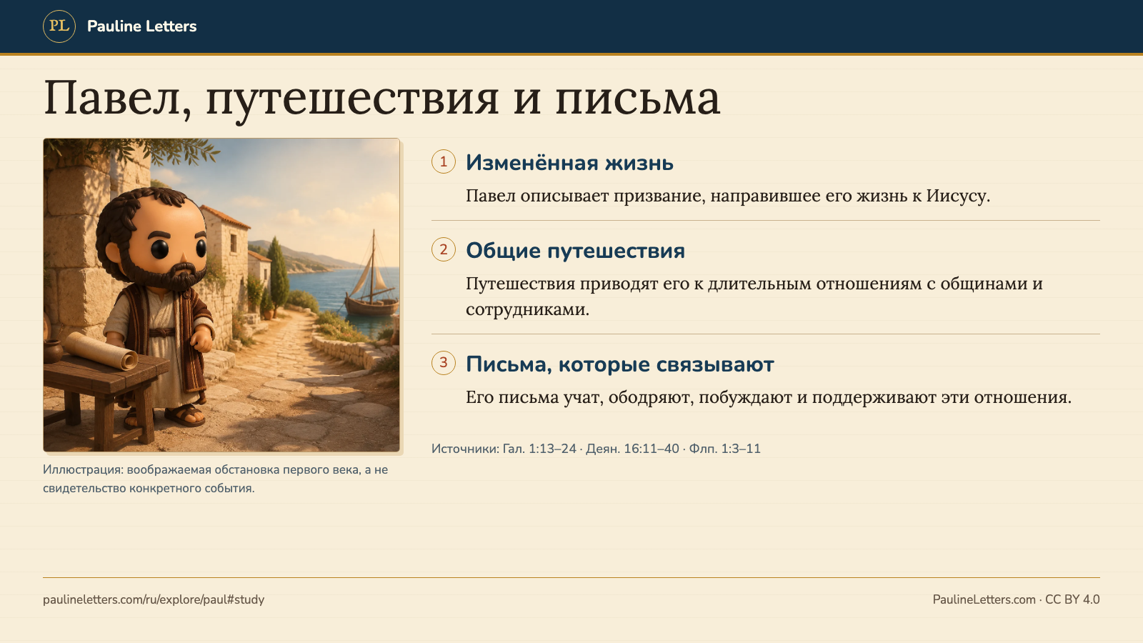 Иллюстрация в стиле настольной сцены: Павел рядом со свитком и гаванью, а также три связи — изменённая жизнь, общины по всему Средиземноморью и письма, поддерживающие отношения.