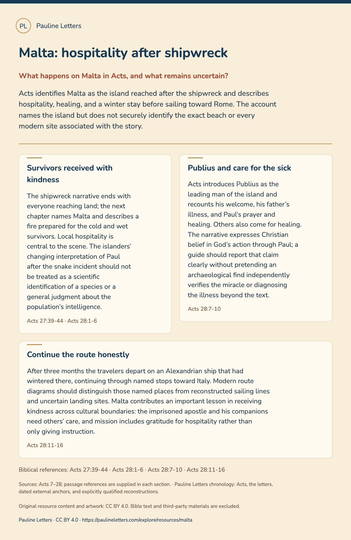 Malta: hospitality after shipwreck. Acts identifies Malta as the island reached after the shipwreck and describes hospitality, healing, and a winter stay before sailing toward Rome. The account names the island but does not securely identify the exact beach or every modern site associated with the story.