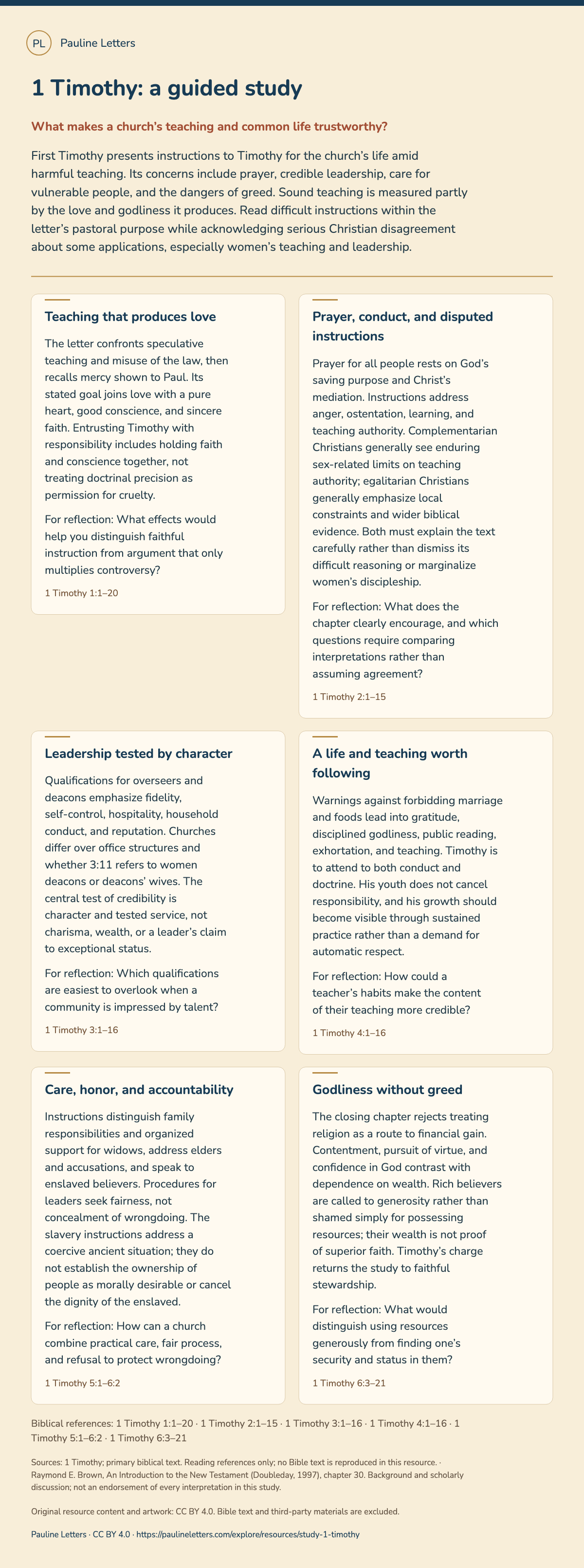 1 Timothy: a guided study. Six sessions on trustworthy teaching, worship, leadership, care, and contentment.