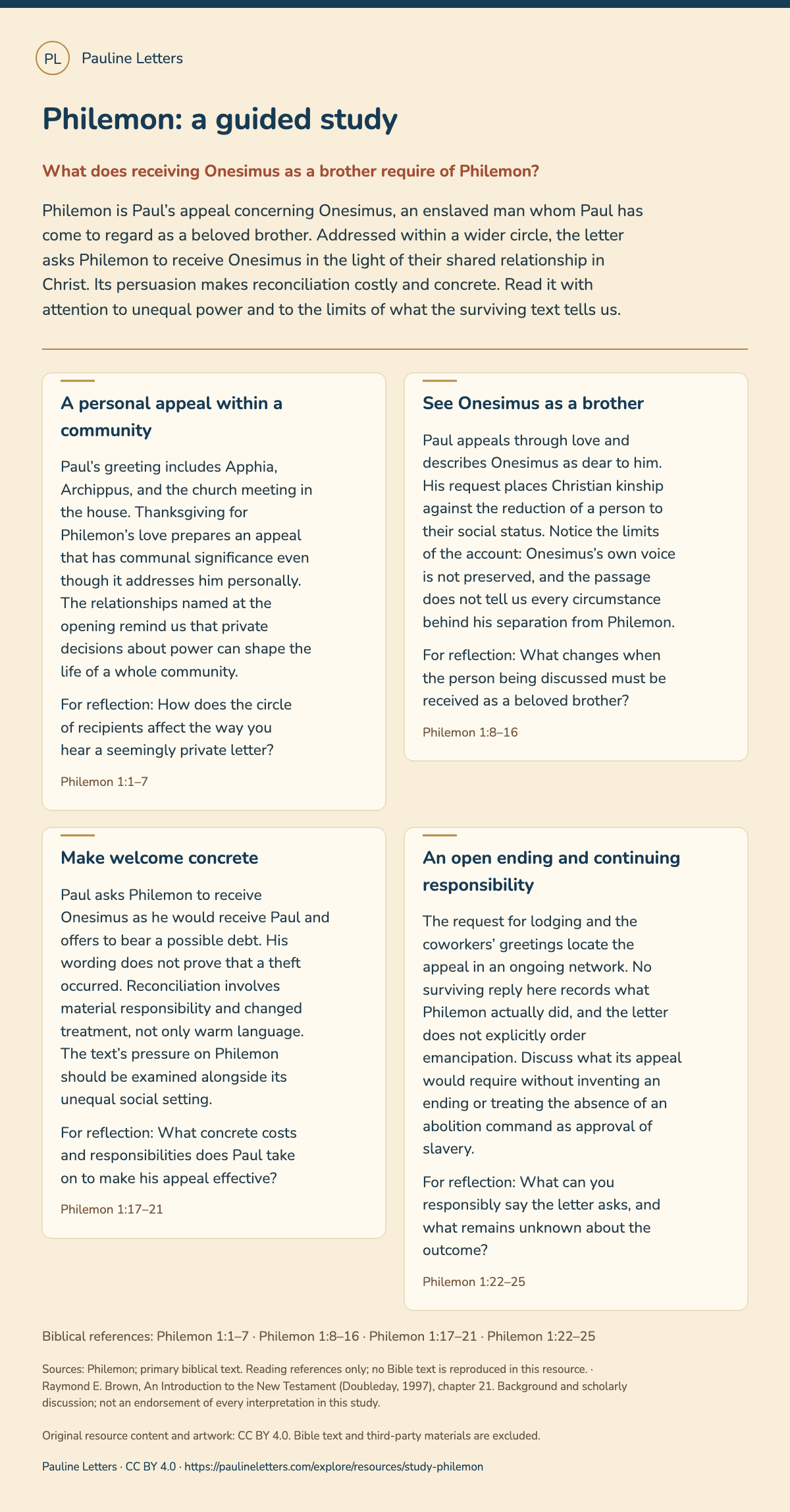 Philemon: a guided study. Four short readings on an enslaved person, Christian kinship, and a costly appeal for welcome.