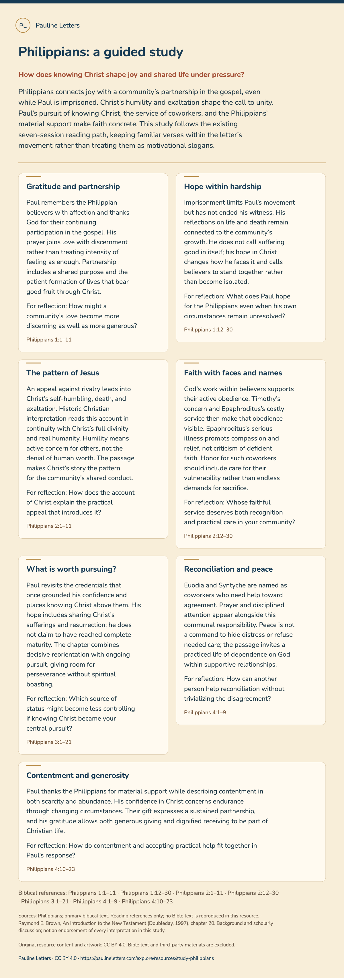 Philippians: a guided study. A seven-session path through partnership, humility, resurrection hope, reconciliation, and generosity.