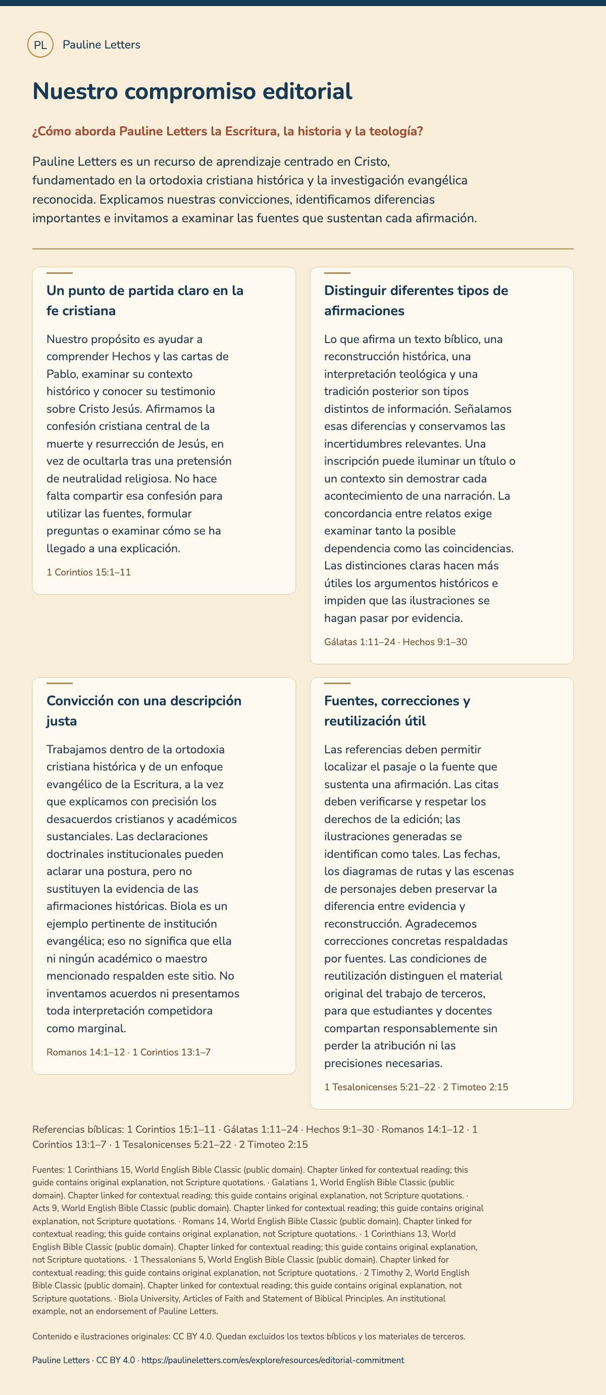 Nuestro compromiso editorial. Pauline Letters es un recurso de aprendizaje centrado en Cristo, fundamentado en la ortodoxia cristiana histórica y la investigación evangélica reconocida. Explicamos nuestras convicciones, identificamos diferencias importantes e invitamos a examinar las fuentes que sustentan cada afirmación.
