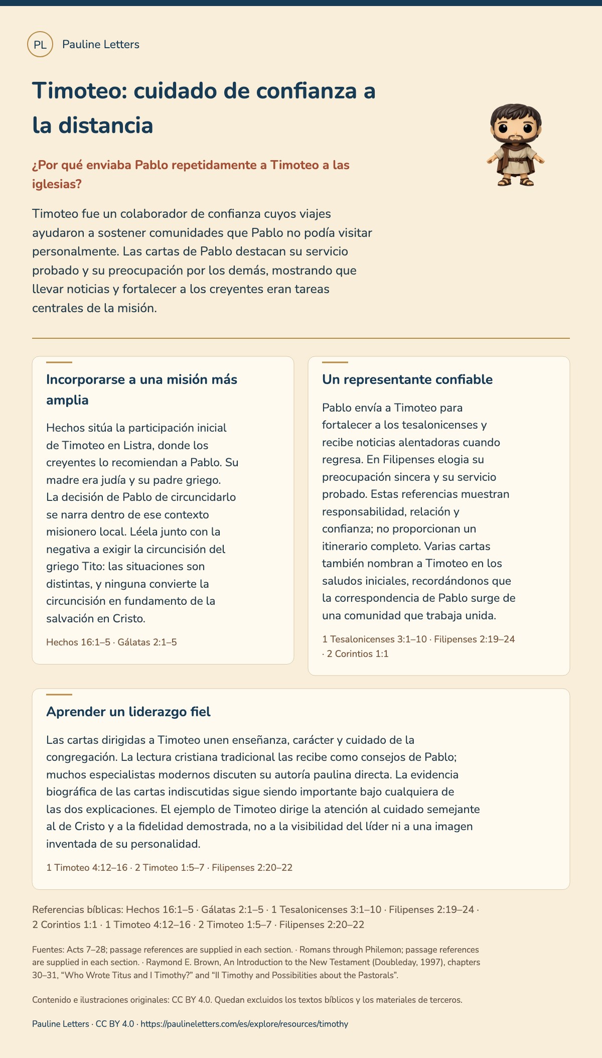 Timoteo: cuidado de confianza a la distancia. Timoteo fue un colaborador de confianza cuyos viajes ayudaron a sostener comunidades que Pablo no podía visitar personalmente. Las cartas de Pablo destacan su servicio probado y su preocupación por los demás, mostrando que llevar noticias y fortalecer a los creyentes eran tareas centrales de la misión.