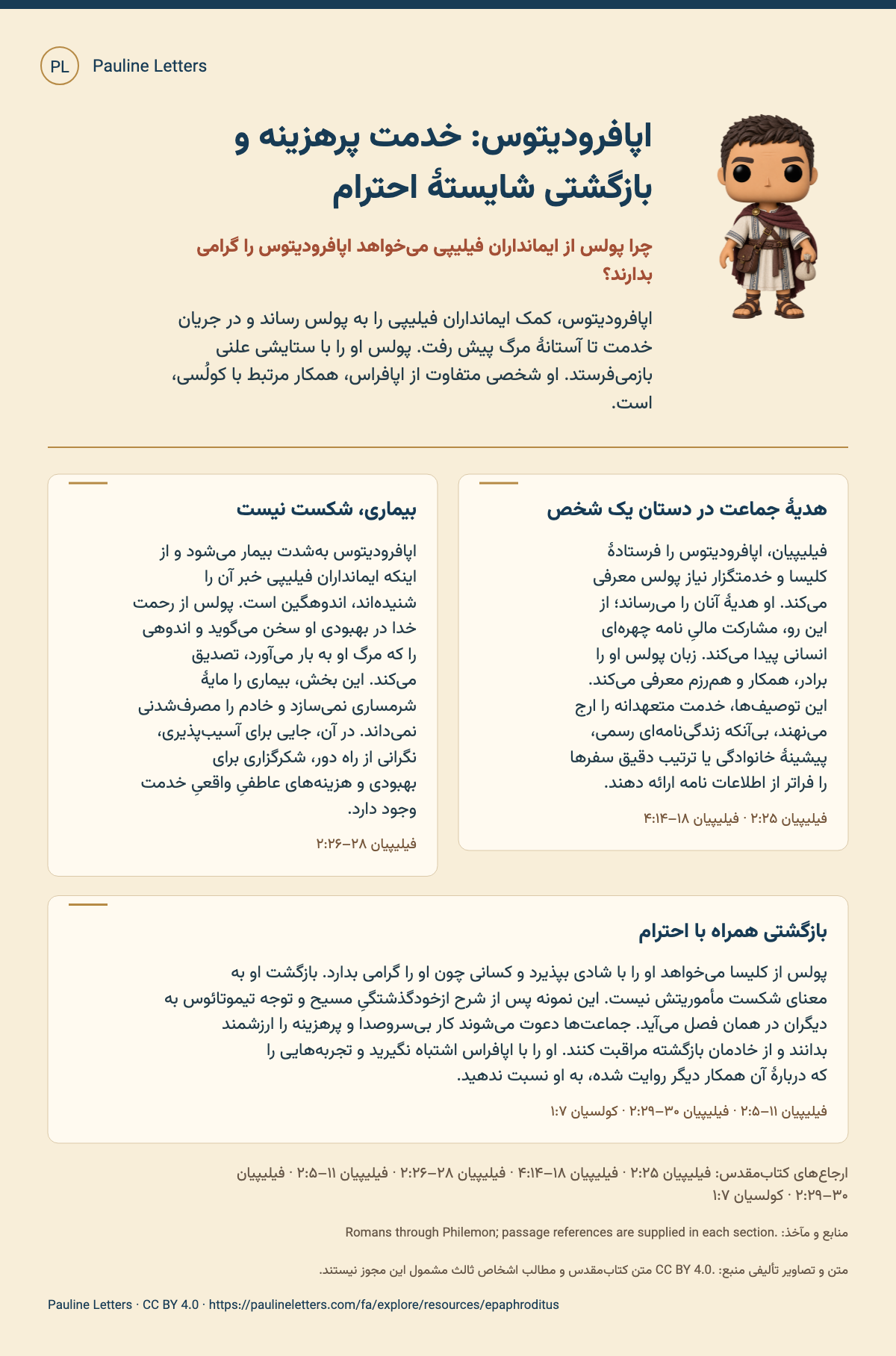 اپافرودیتوس: خدمت پرهزینه و بازگشتی شایستهٔ احترام. اپافرودیتوس، کمک ایمانداران فیلیپی را به پولس رساند و در جریان خدمت تا آستانهٔ مرگ پیش رفت. پولس او را با ستایشی علنی بازمیفرستد. او شخصی متفاوت از اپافراس، همکار مرتبط با کولُسی، است.