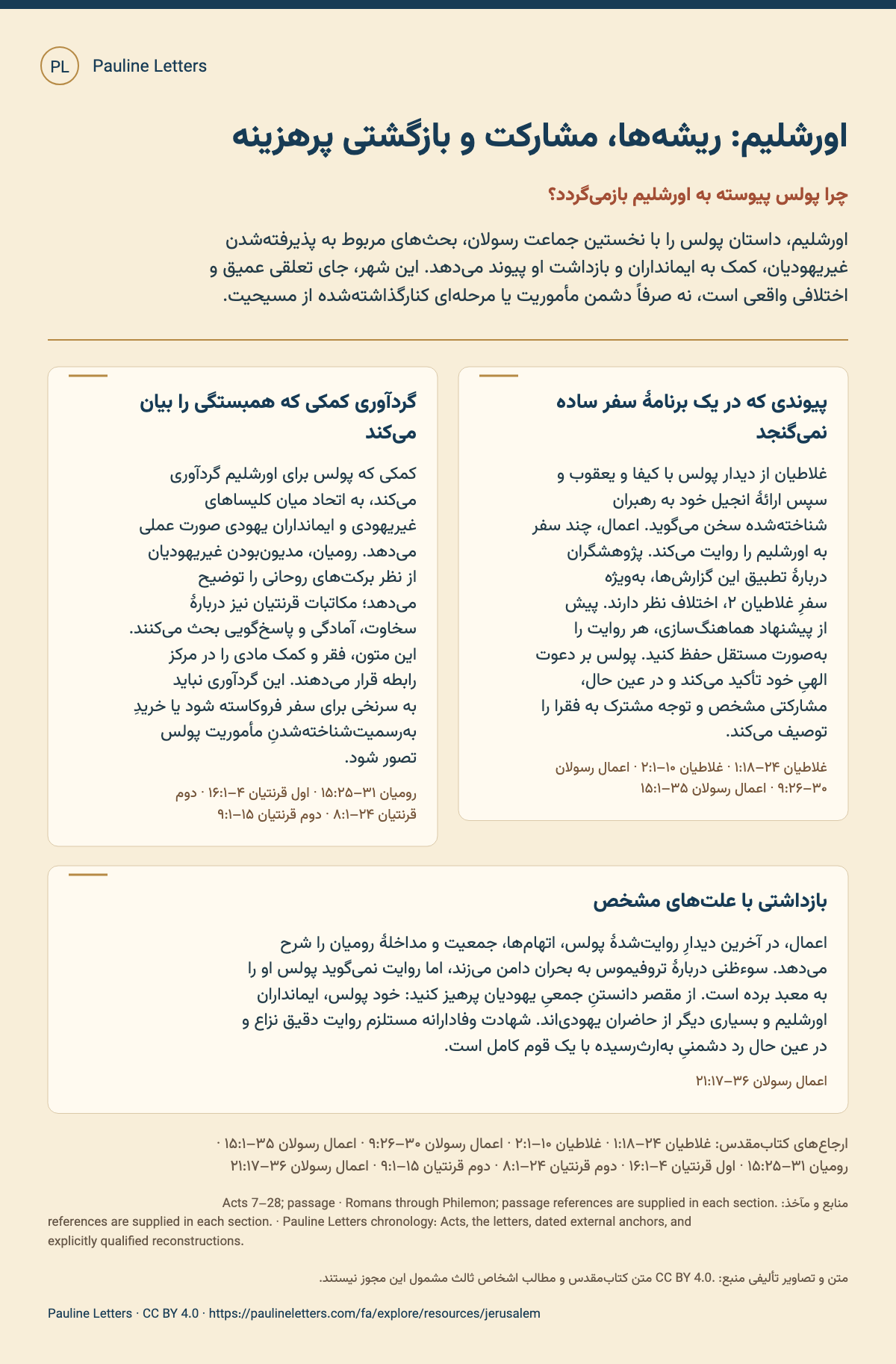 اورشلیم: ریشهها، مشارکت و بازگشتی پرهزینه. اورشلیم، داستان پولس را با نخستین جماعت رسولان، بحثهای مربوط به پذیرفتهشدن غیریهودیان، کمک به ایمانداران و بازداشت او پیوند میدهد. این شهر، جای تعلقی عمیق و اختلافی واقعی است، نه صرفاً دشمن مأموریت یا مرحلهای کنارگذاشتهشده از مسیحیت.