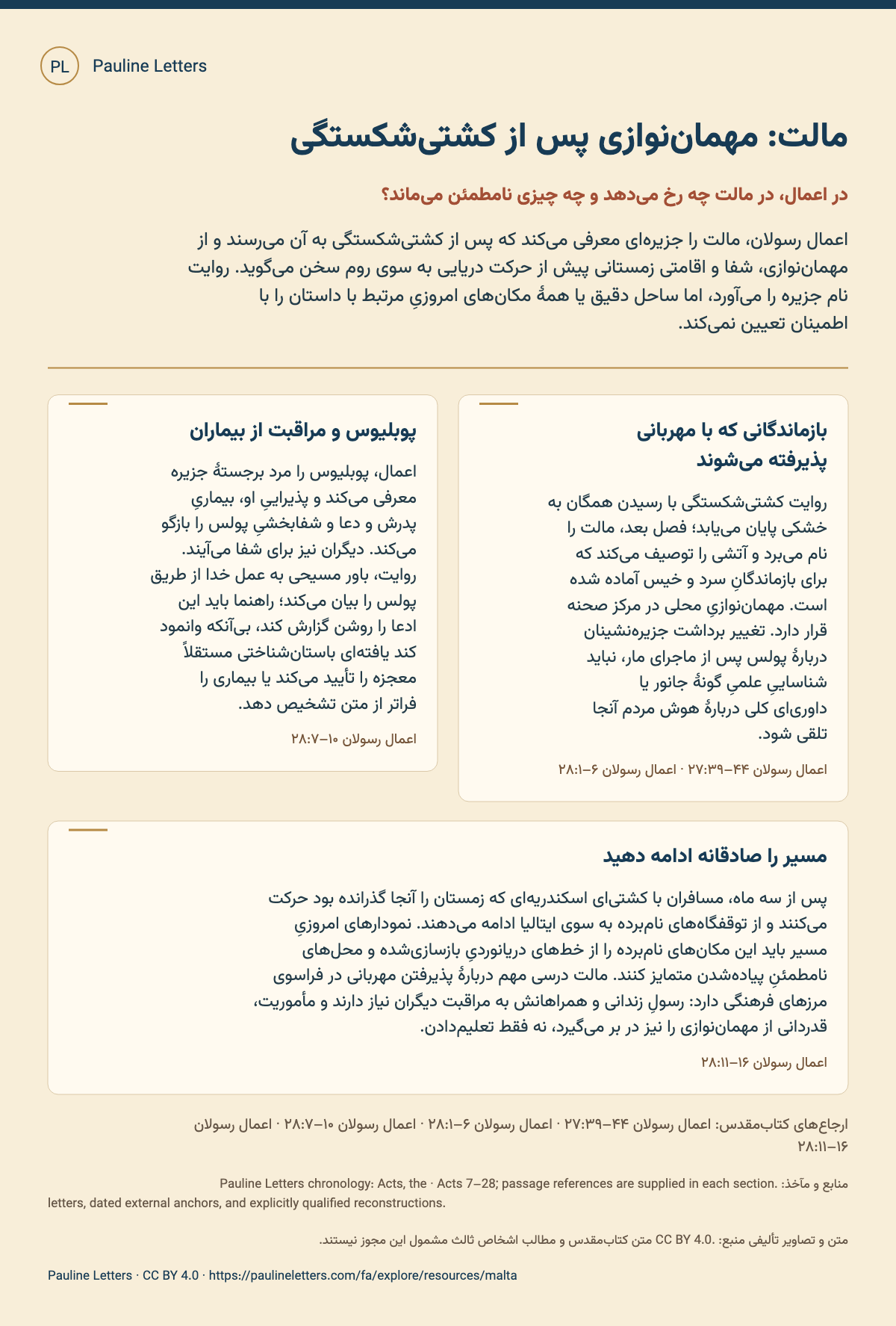 مالت: مهماننوازی پس از کشتیشکستگی. اعمال رسولان، مالت را جزیرهای معرفی میکند که پس از کشتیشکستگی به آن میرسند و از مهماننوازی، شفا و اقامتی زمستانی پیش از حرکت دریایی به سوی روم سخن میگوید. روایت نام جزیره را میآورد، اما ساحل دقیق یا همهٔ مکانهای امروزیِ مرتبط با داستان را با اطمینان تعیین نمیکند.