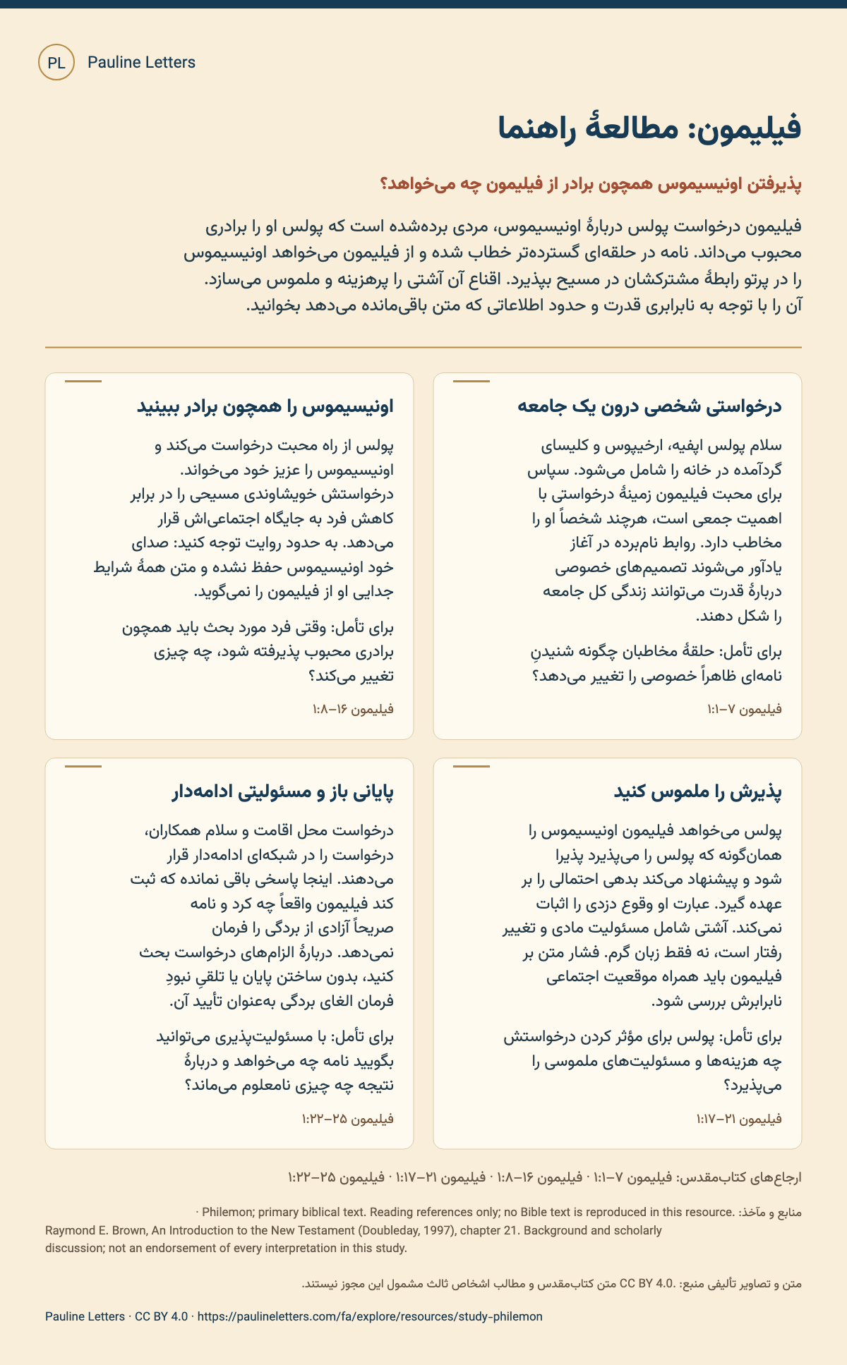 فیلیمون: مطالعهٔ راهنما. چهار مطالعهٔ کوتاه دربارهٔ فردی بردهشده، خویشاوندی مسیحی و درخواست پرهزینهٔ پذیرش.