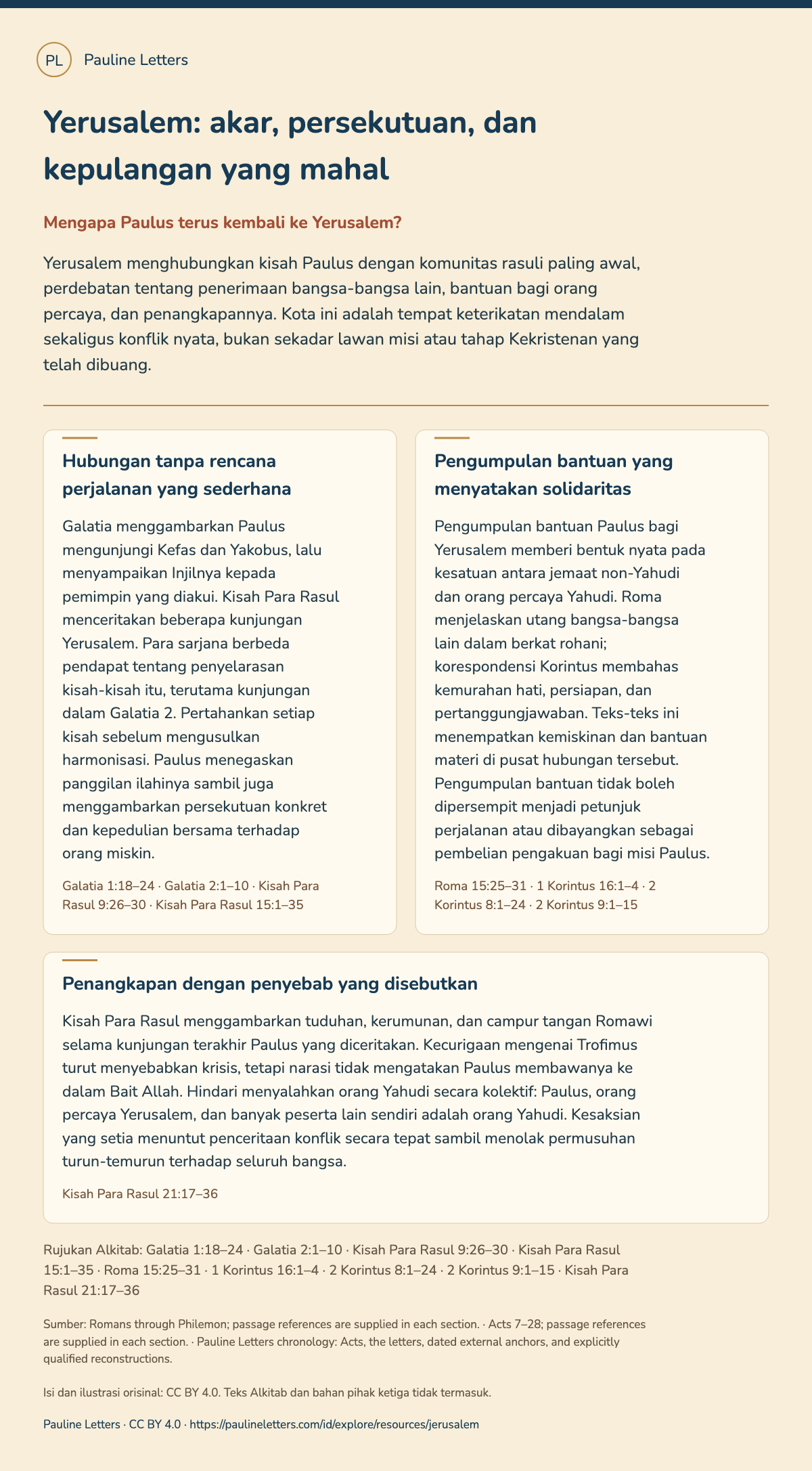 Yerusalem: akar, persekutuan, dan kepulangan yang mahal. Yerusalem menghubungkan kisah Paulus dengan komunitas rasuli paling awal, perdebatan tentang penerimaan bangsa-bangsa lain, bantuan bagi orang percaya, dan penangkapannya. Kota ini adalah tempat keterikatan mendalam sekaligus konflik nyata, bukan sekadar lawan misi atau tahap Kekristenan yang telah dibuang.
