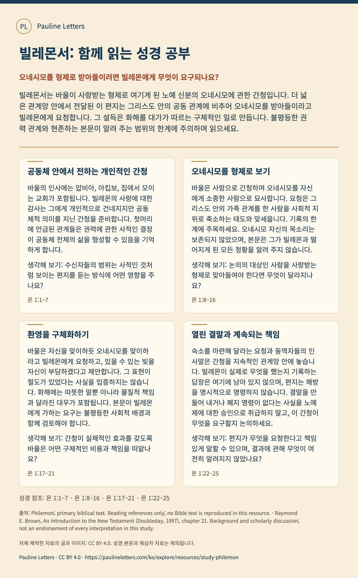 빌레몬서: 함께 읽는 성경 공부. 노예 상태의 한 사람, 그리스도 안의 가족 관계, 대가를 치르는 환영의 간청을 살피는 네 차례의 짧은 읽기입니다.