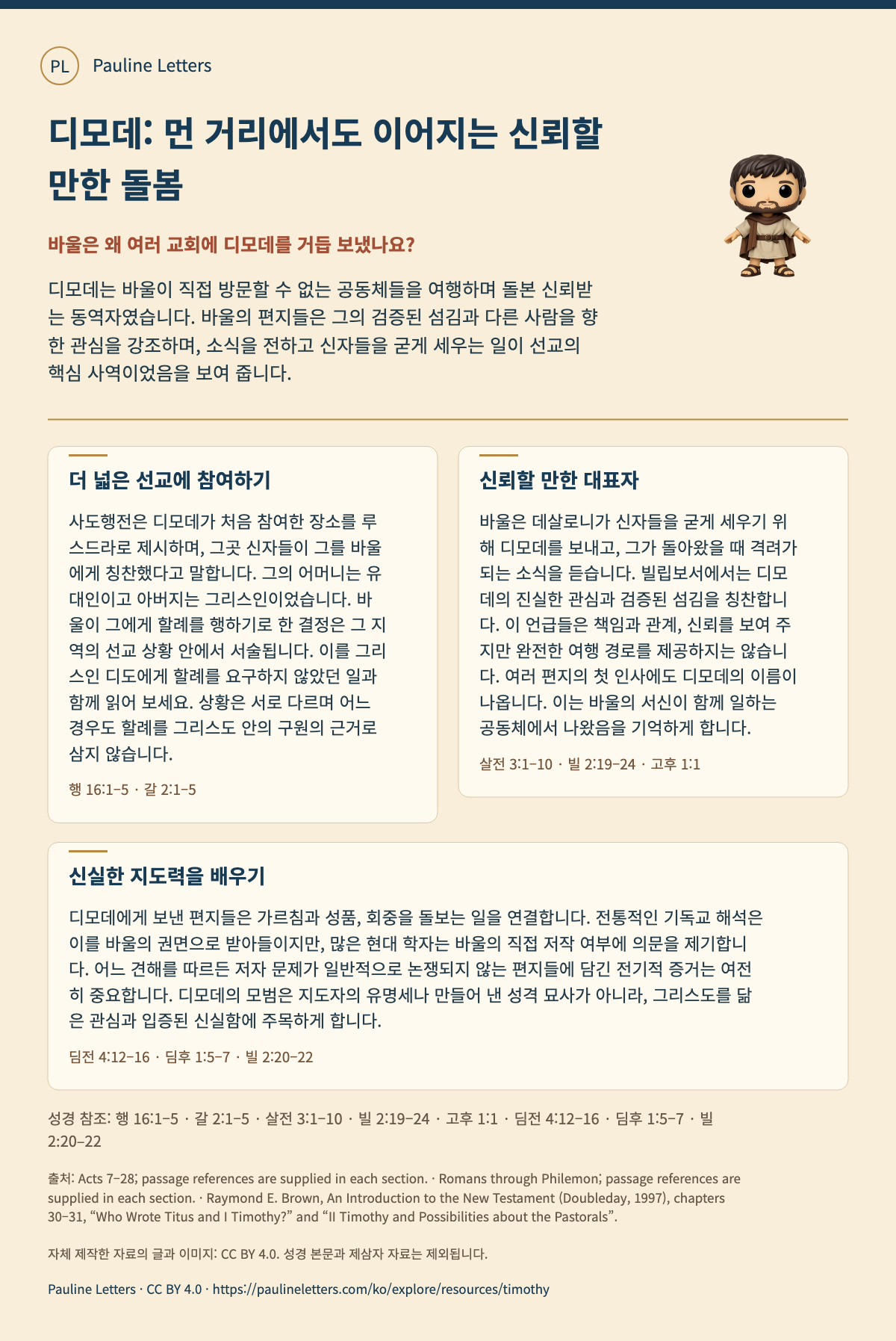 디모데: 먼 거리에서도 이어지는 신뢰할 만한 돌봄. 디모데는 바울이 직접 방문할 수 없는 공동체들을 여행하며 돌본 신뢰받는 동역자였습니다. 바울의 편지들은 그의 검증된 섬김과 다른 사람을 향한 관심을 강조하며, 소식을 전하고 신자들을 굳게 세우는 일이 선교의 핵심 사역이었음을 보여 줍니다.