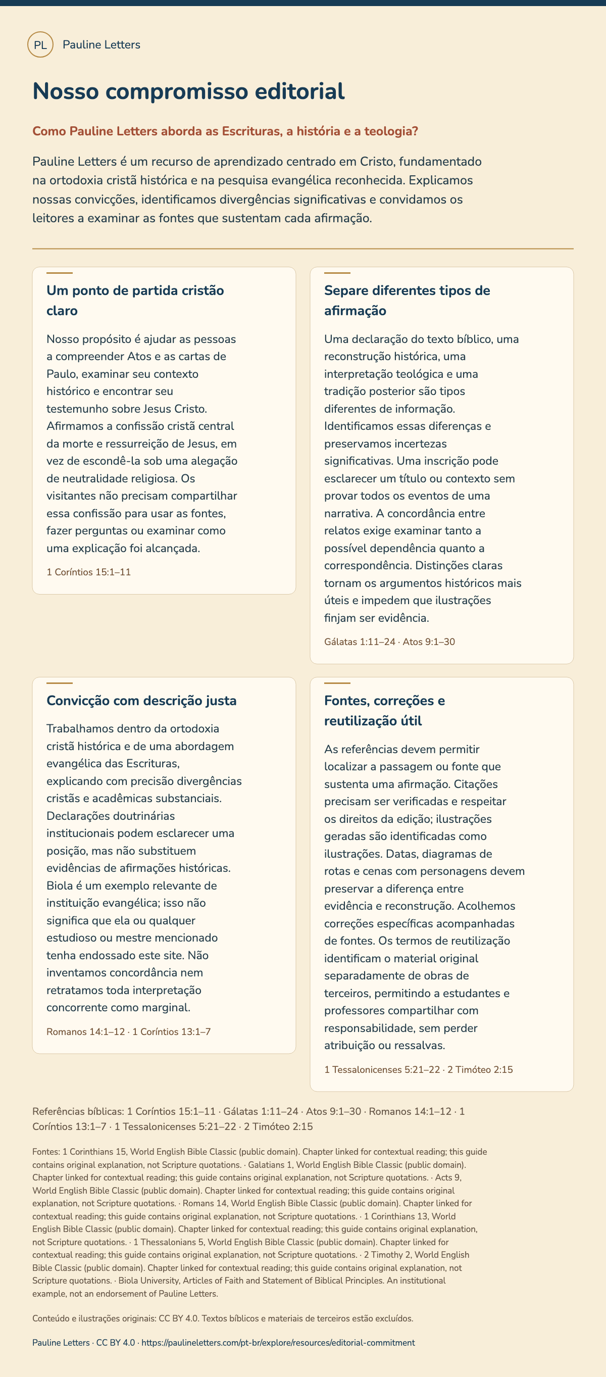 Nosso compromisso editorial. Pauline Letters é um recurso de aprendizado centrado em Cristo, fundamentado na ortodoxia cristã histórica e na pesquisa evangélica reconhecida. Explicamos nossas convicções, identificamos divergências significativas e convidamos os leitores a examinar as fontes que sustentam cada afirmação.