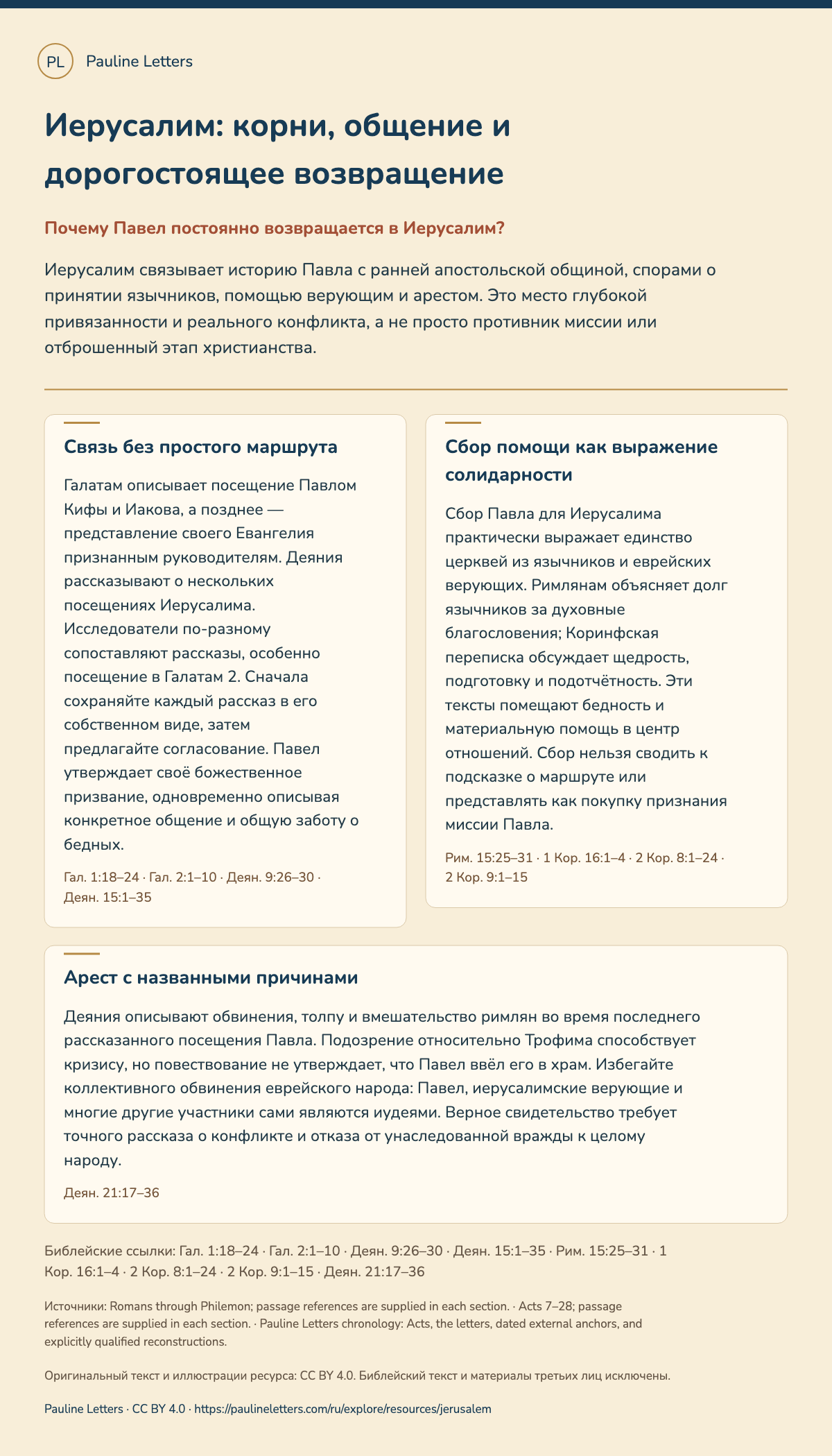 Иерусалим: корни, общение и дорогостоящее возвращение. Иерусалим связывает историю Павла с ранней апостольской общиной, спорами о принятии язычников, помощью верующим и арестом. Это место глубокой привязанности и реального конфликта, а не просто противник миссии или отброшенный этап христианства.